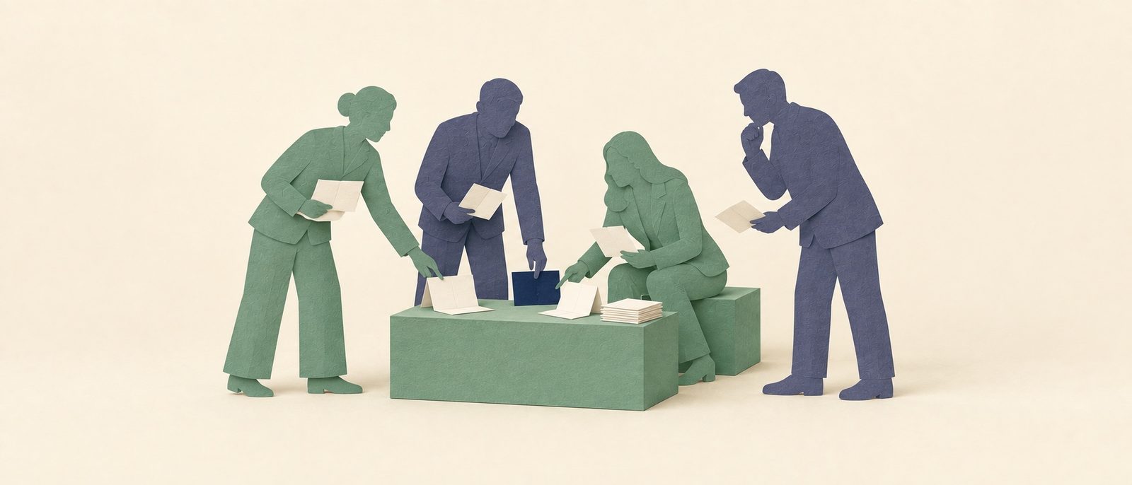 Paper-cut banking executives working through a hands-on design exercise.