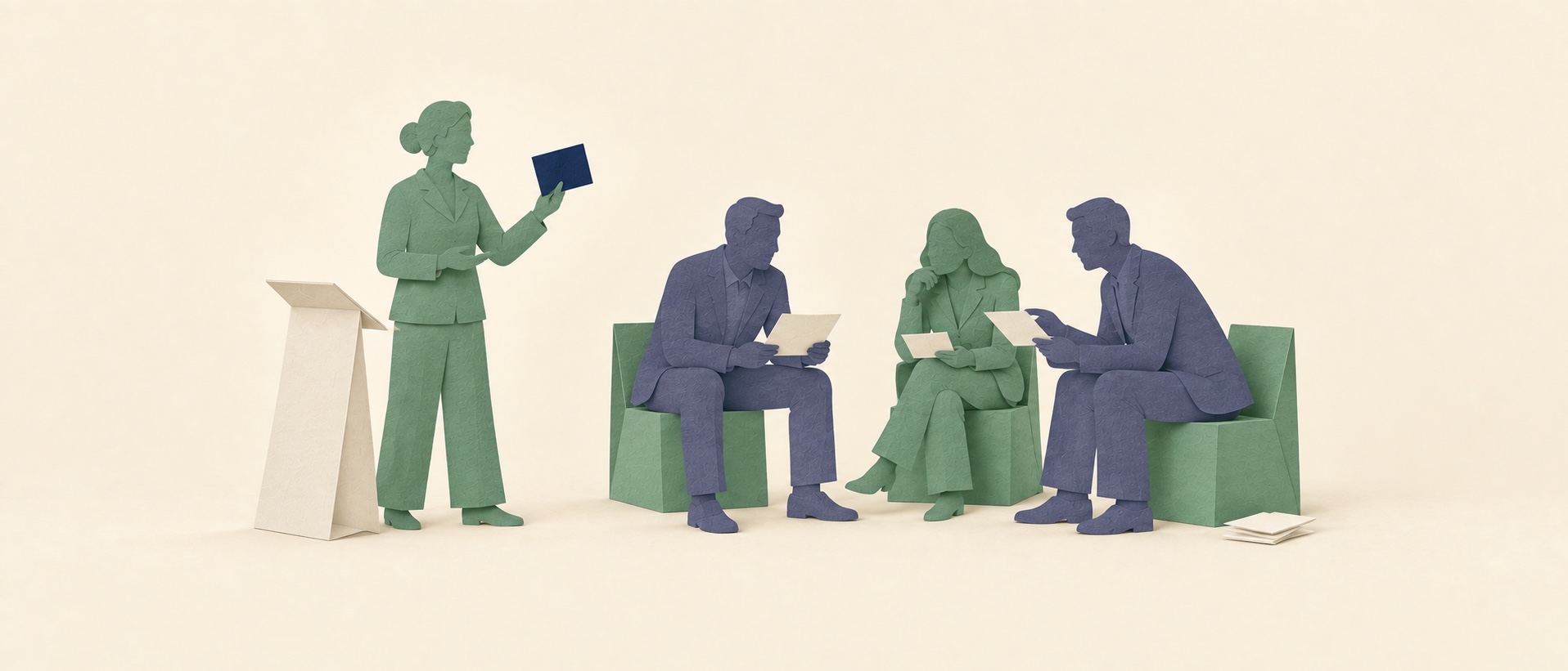 Paper-cut figures in an executive learning session led from a lectern.