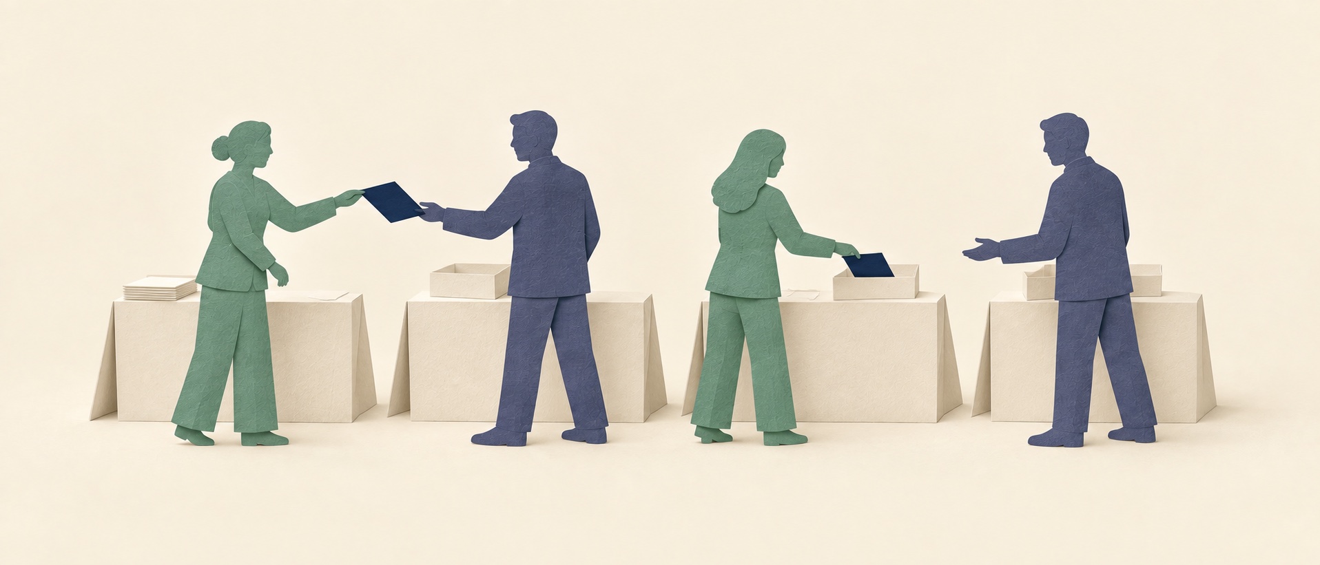 Paper-cut colleagues passing customer information between separate service points.