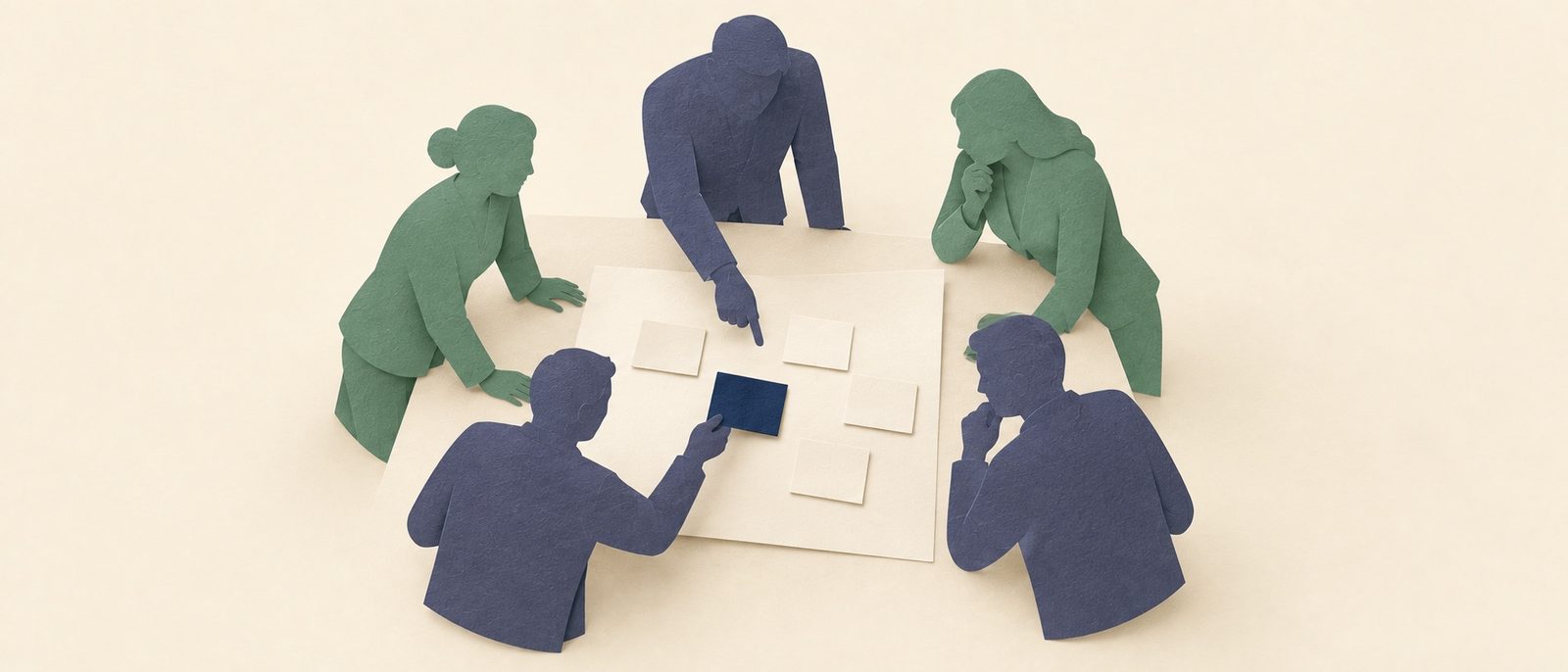 Paper-cut consulting team arranging ideas on a workshop board.