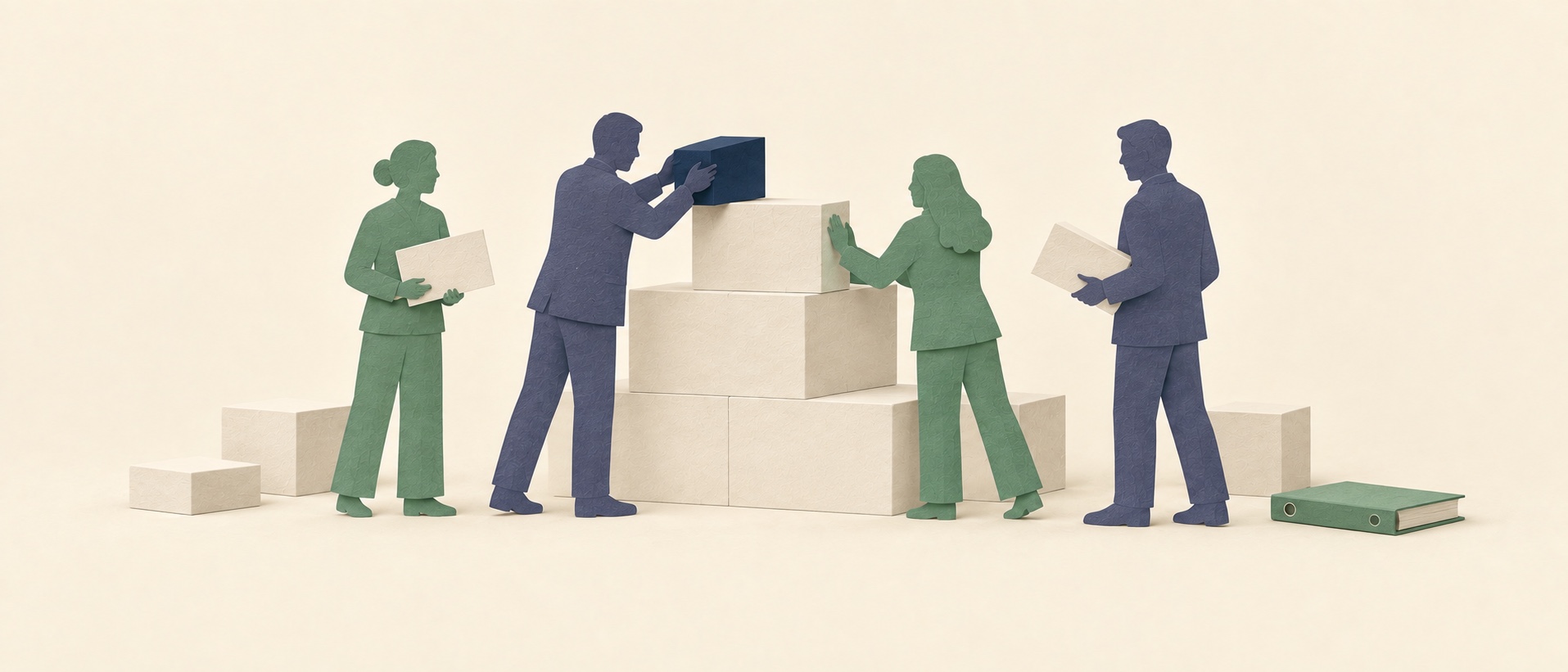 Paper-cut executives assembling blocks during a practical AI programme.