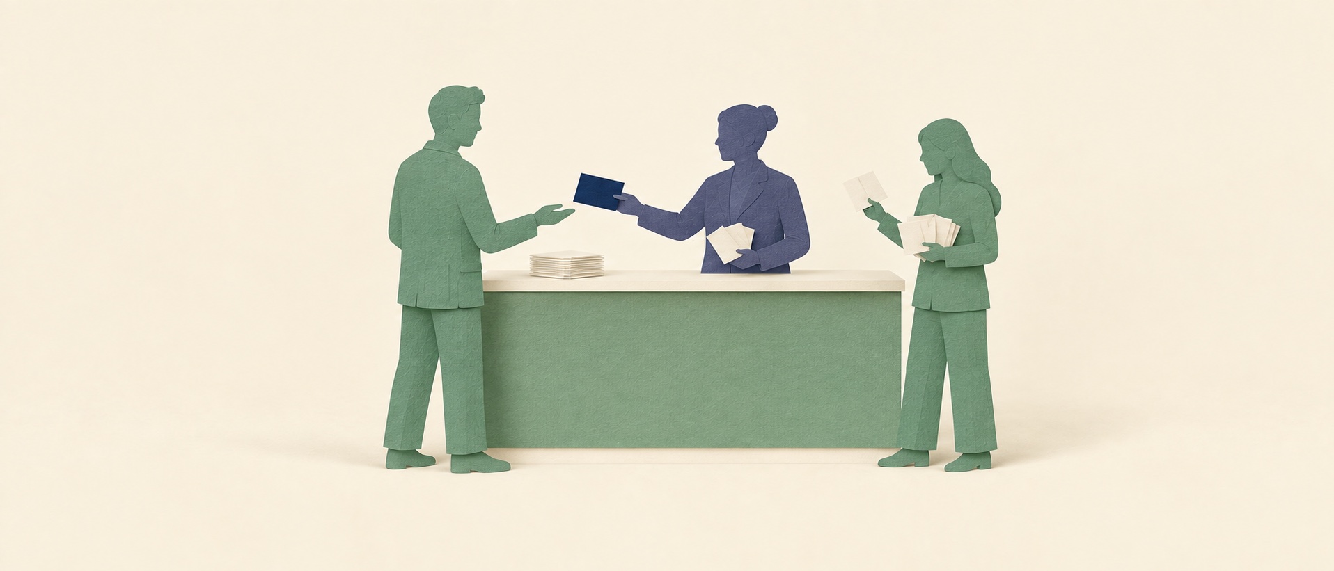 Paper-cut insurance operations team processing documents at a service counter.