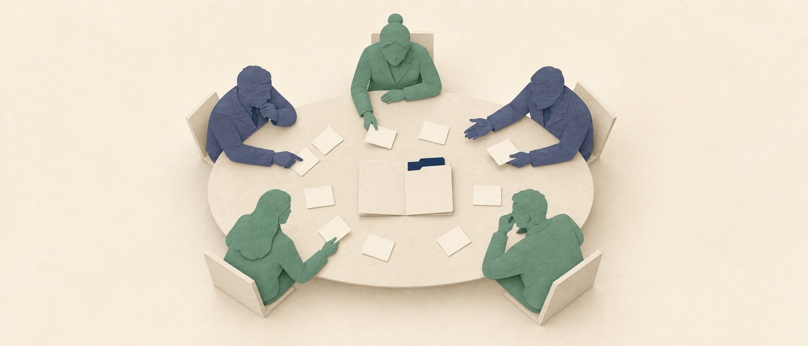 Paper-cut board members reviewing notes around a circular table.