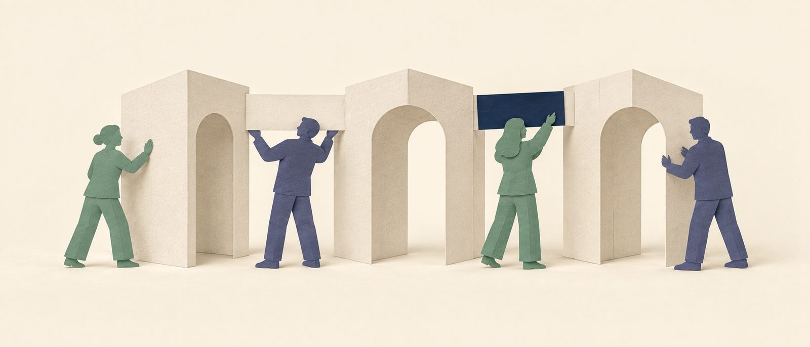 Paper-cut colleagues building connected arches to support a new customer journey.