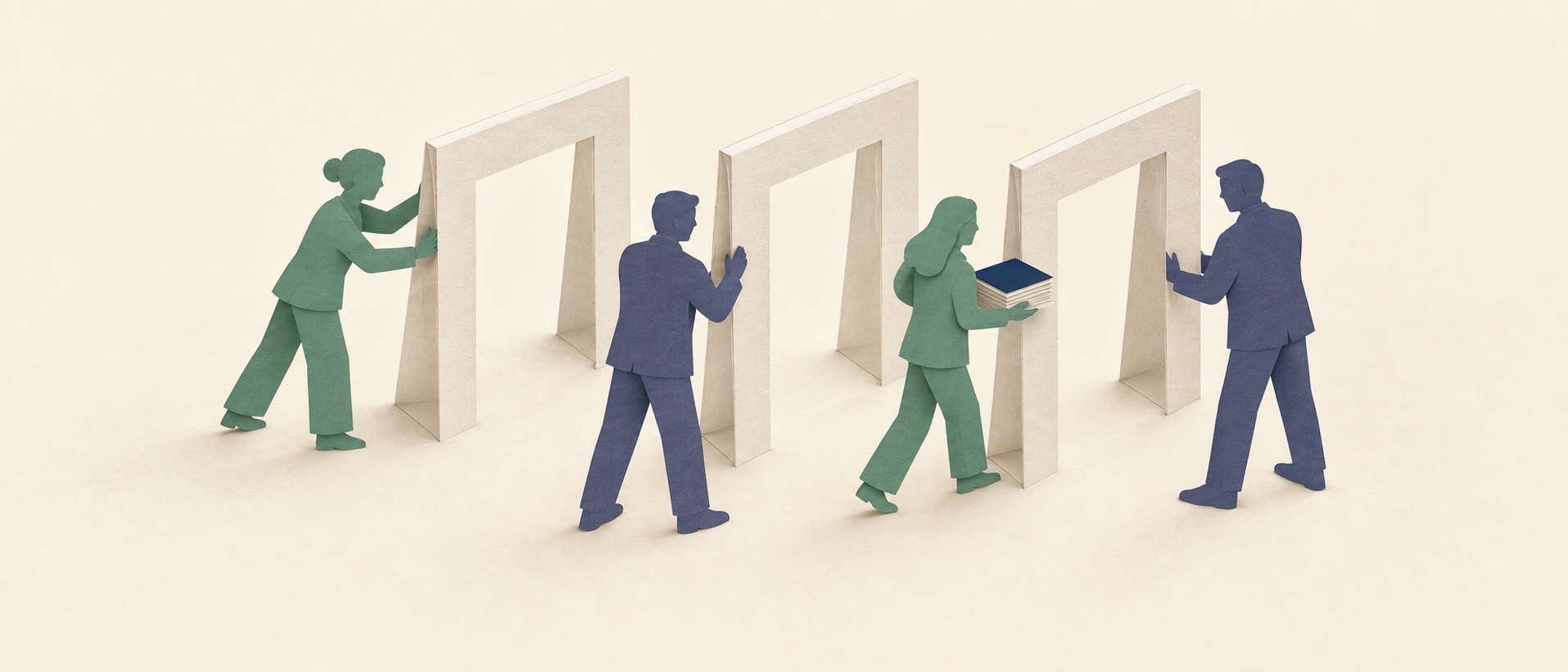 Paper-cut colleagues guiding information through a sequence of decision gateways.
