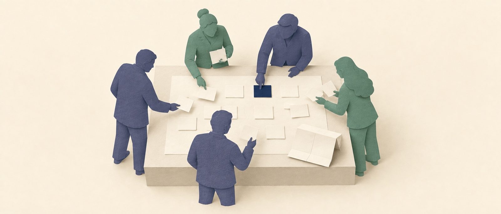 Paper-cut banking team organising customer conversations around a shared workspace.