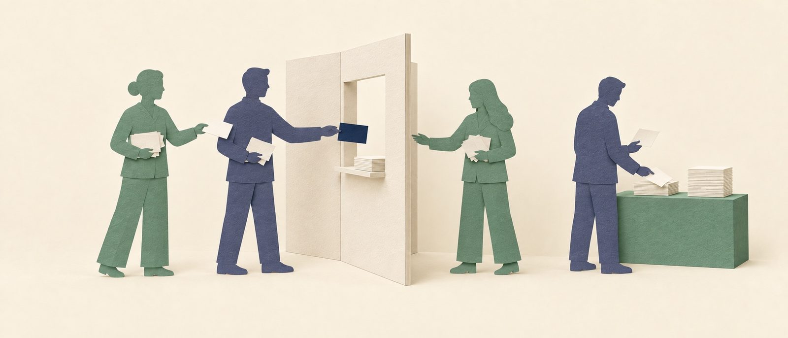 Paper-cut colleagues moving documents through a central processing gateway.