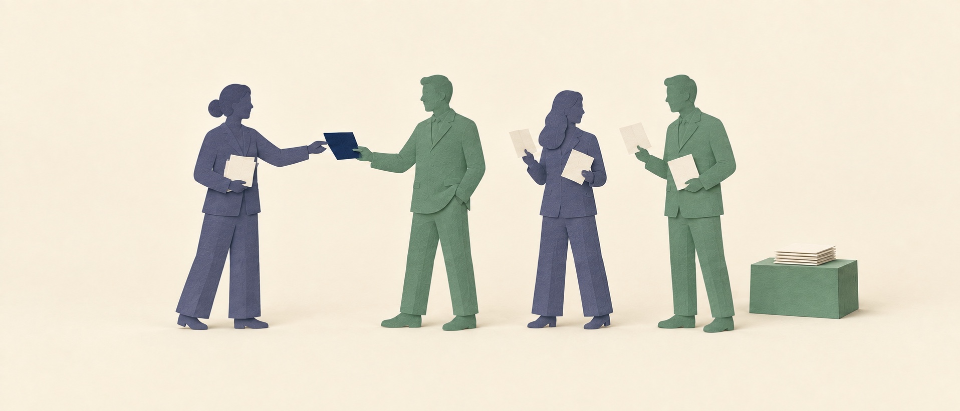 Paper-cut colleagues exchanging learning materials during a bank learning week.