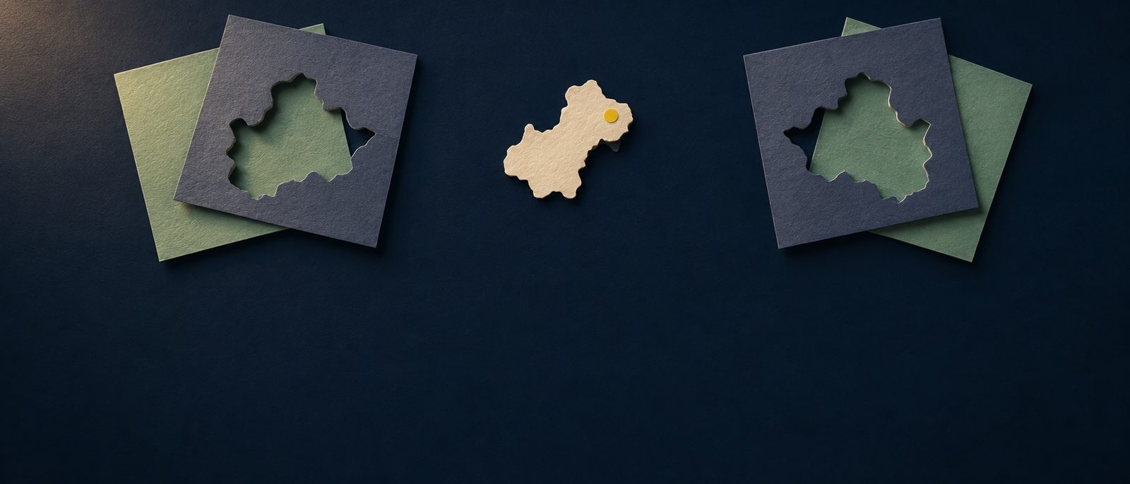A central original paper shape sits between two framed copies, suggesting authorship and imitation.