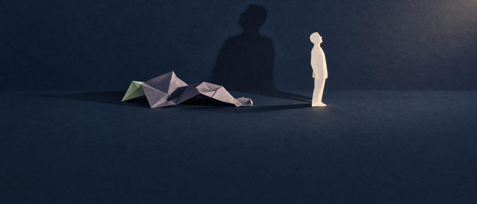 A paper figure faces its own large shadow beside a crumpled form, suggesting self-reflection after difficulty.