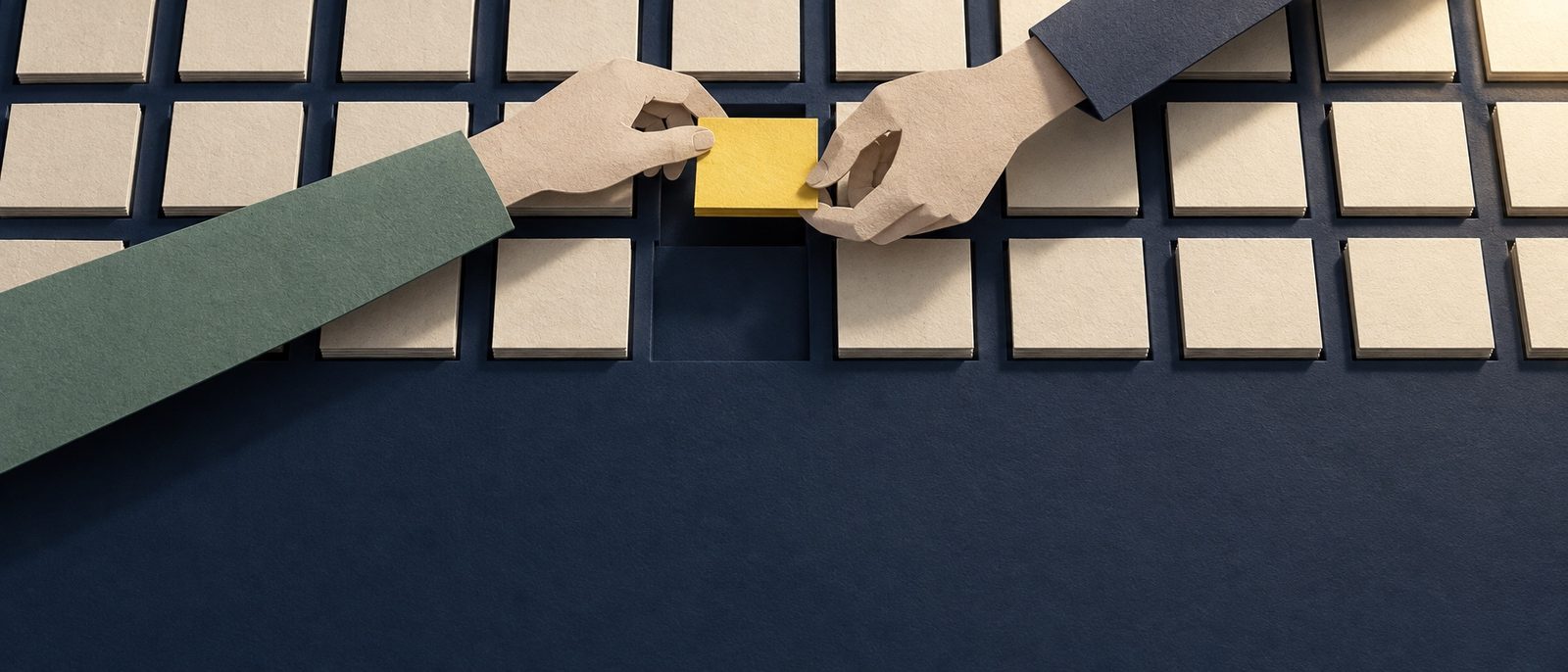 Two paper hands exchange a yellow note across a grid of work items.