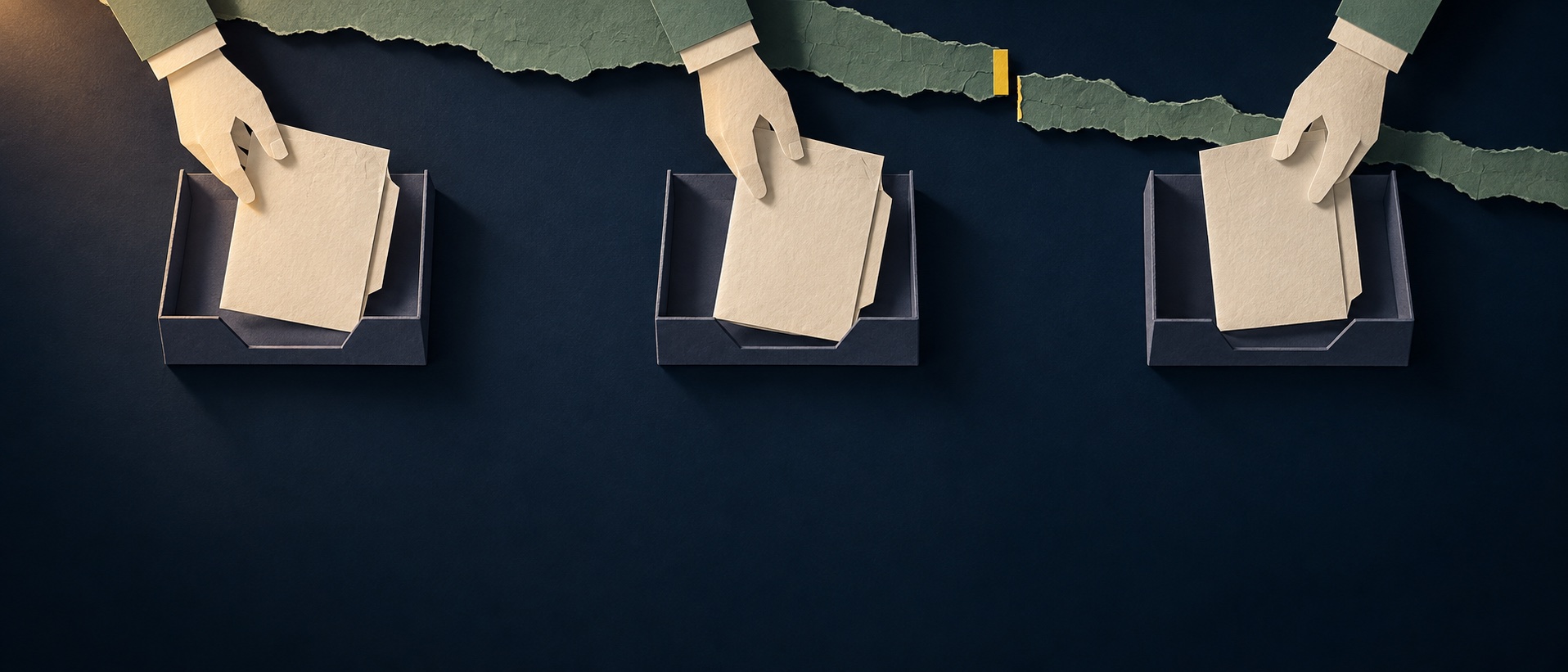 Three paper hands place matching case files into separate trays beneath a torn paper boundary.