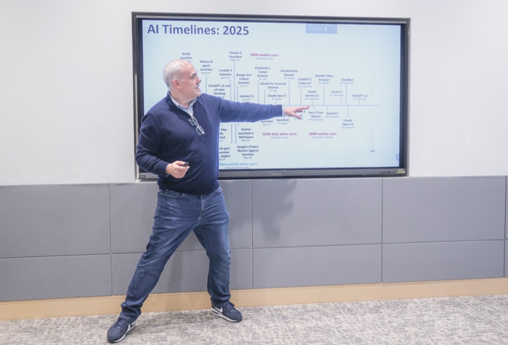 Ewan MacLeod presenting an AI timeline during a Beacon58 learning session.