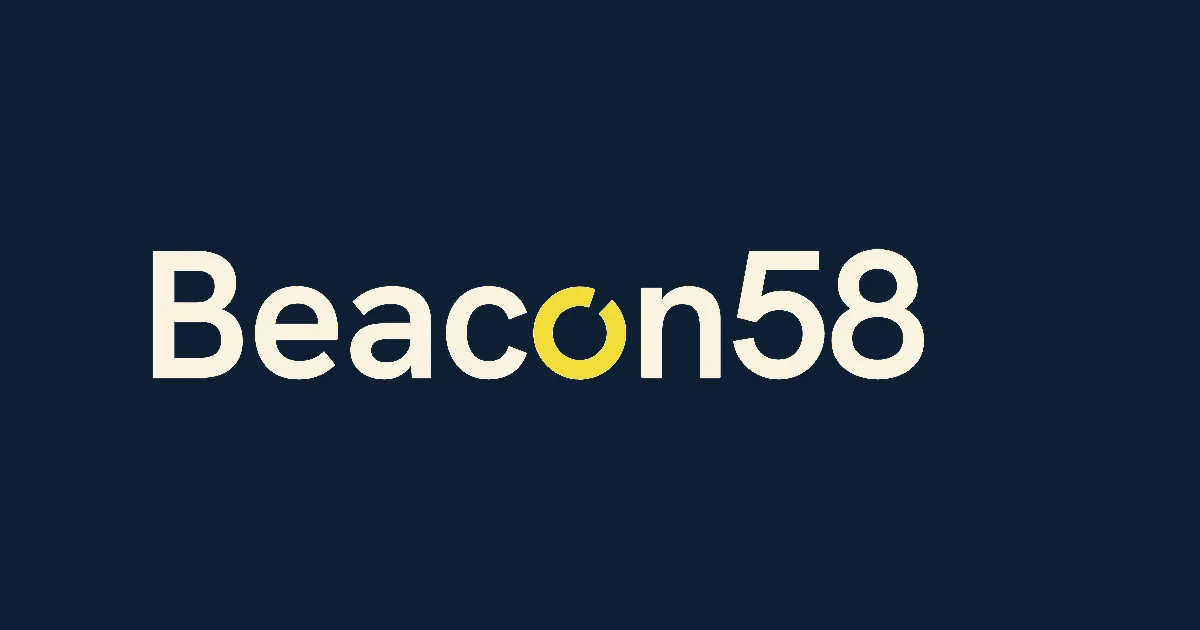 Beacon58 logo in cream and yellow on a navy background for the new brand launch.